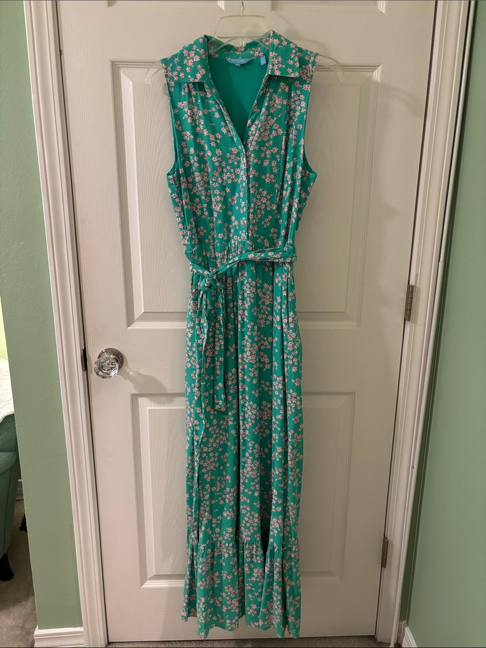 Draper James Teal Floral Sleeveless Maxi Dress with Tie Waist